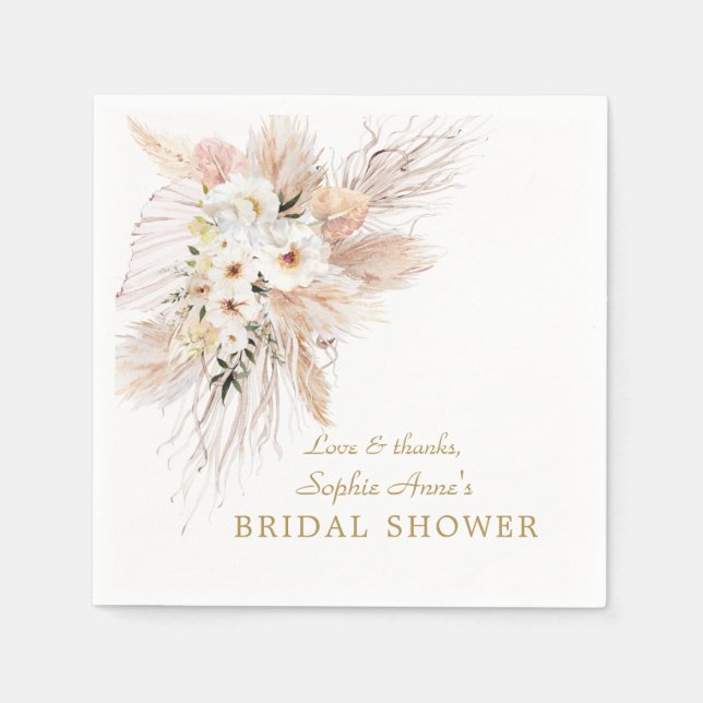 Desert White Roses Pampas Grass Bridal Shower  Napkin (Front)