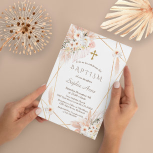 Desert White Roses Pampas Grass Girl Baptism Invitation