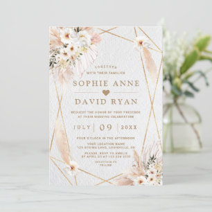 Desert White Roses Pampas Grass Gold Wedding Invitation