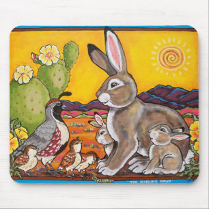 Desert Wildlife Rabbit Quail Yellow Sunrise Cactus Mouse Mat