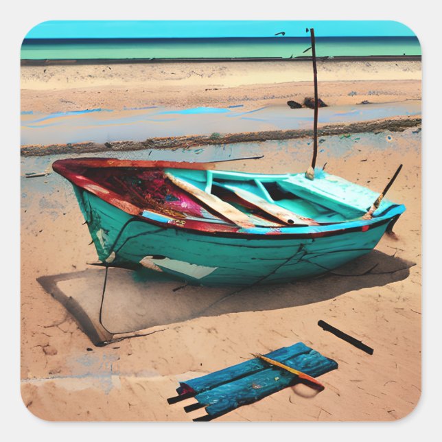 Deserted Boat on the Sea Shore AI Art Square Sticker (Front)