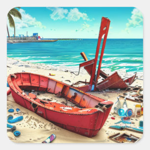 Deserted Old Boat, Bottles and Wreckage  Square Sticker