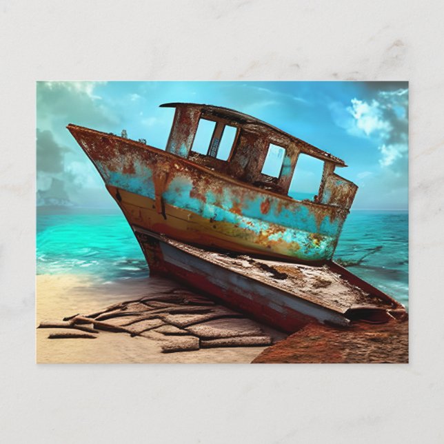 Deserted Old Boat on an Abandoned Sandy Beach Postcard (Front)