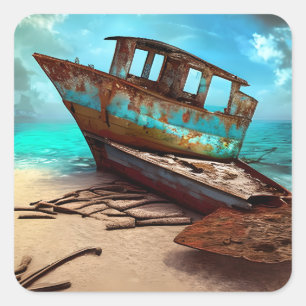 Deserted Old Boat on an Abandoned Sandy Beach Square Sticker