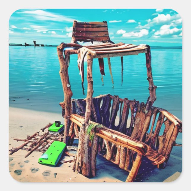 Deserted Old Lifeguard on Abandoned Beach Square Sticker (Front)