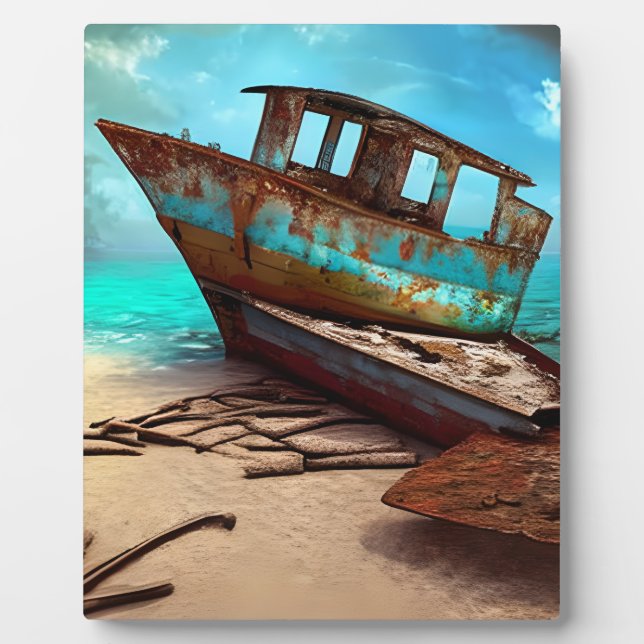 Deserted Old Rusty Boat on a Sandy Abandoned Beach Plaque (Front)