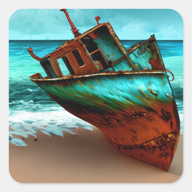 Deserted Ship on a Sandy Beach Square Sticker (Front)