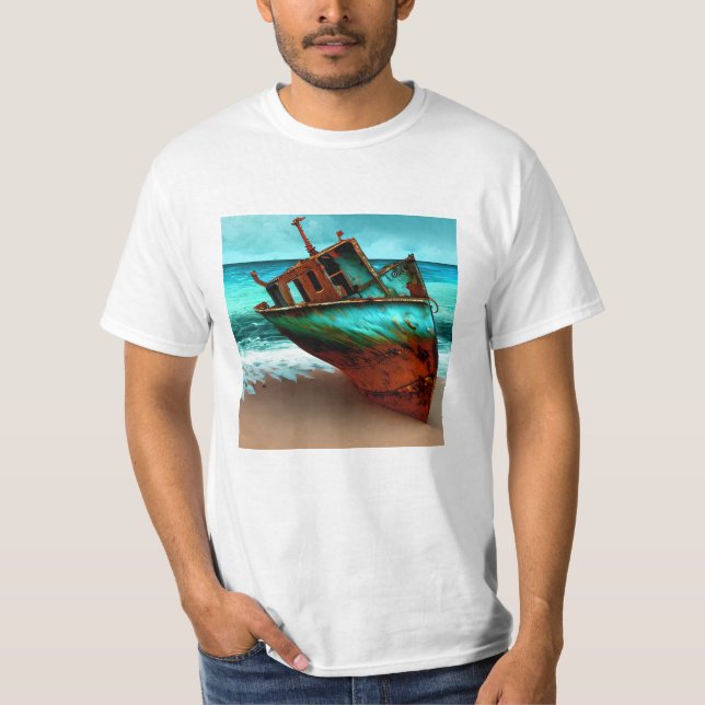 Deserted Ship on a Sandy Beach T-Shirt (Front)