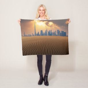 Deserts   Dubai's Skyline View from Sand Dune Fleece Blanket