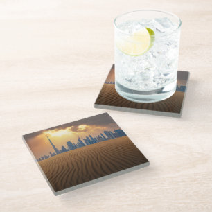 Deserts   Dubai's Skyline View from Sand Dune Glass Coaster