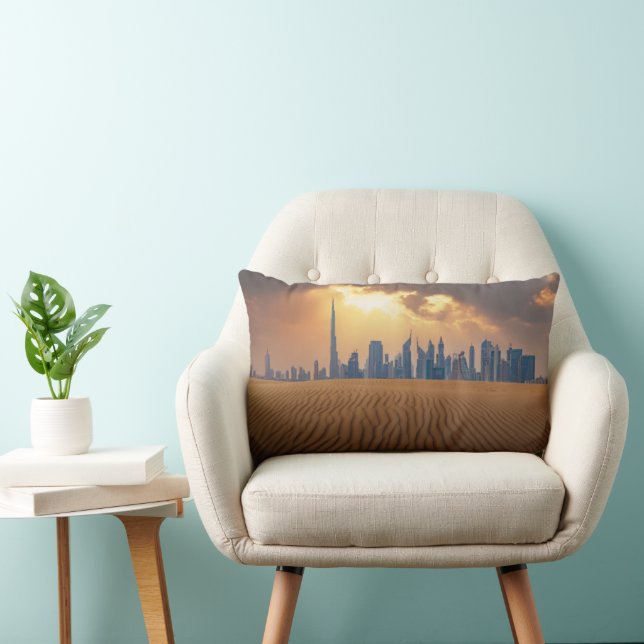 Deserts | Dubai's Skyline View from Sand Dune Lumbar Cushion (Chair)