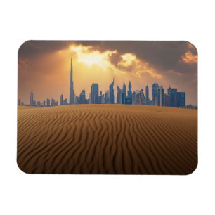 Deserts   Dubai's Skyline View from Sand Dune Magnet