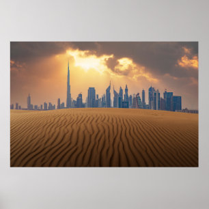 Deserts   Dubai's Skyline View from Sand Dune Poster