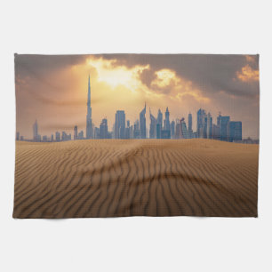 Deserts   Dubai's Skyline View from Sand Dune Tea Towel
