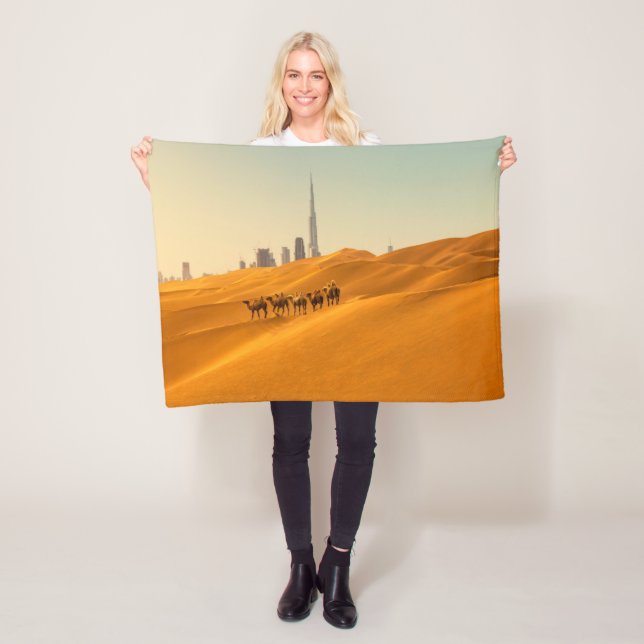 Deserts | Dubai's Skyline View with Camels Fleece Blanket (In Situ)
