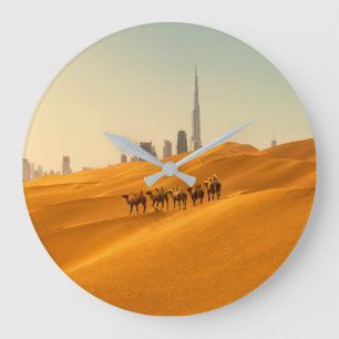 Deserts Dubai's Skyline View with Camels Large Clock