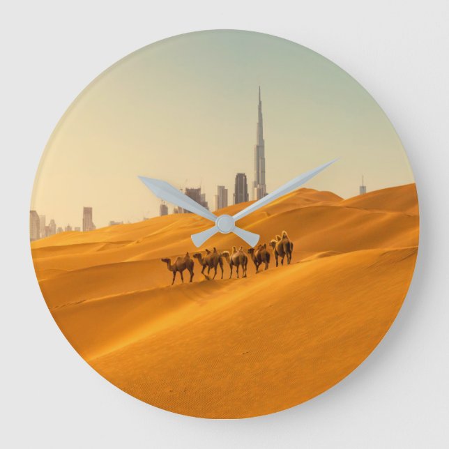 Deserts | Dubai's Skyline View with Camels Large Clock (Front)