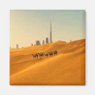 Deserts   Dubai's Skyline View with Camels Magnet