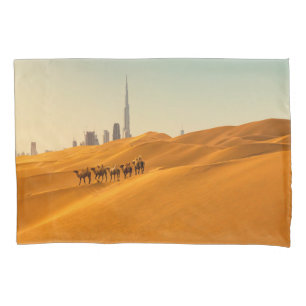 Deserts   Dubai's Skyline View with Camels Pillowcase