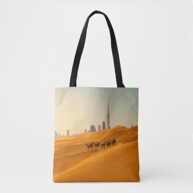 Deserts | Dubai's Skyline View with Camels Tote Bag (Front)