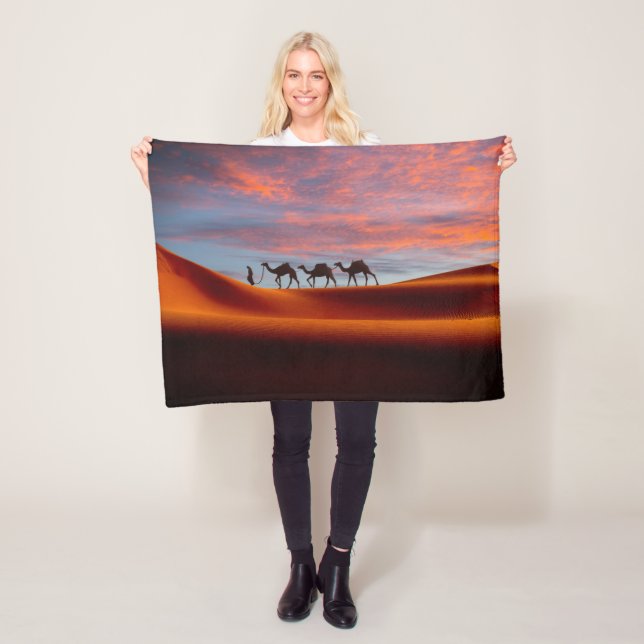 Deserts | Man & Camels in the Sand Dunes Fleece Blanket (In Situ)