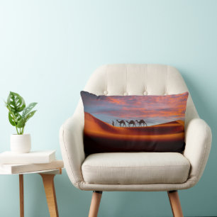 Deserts   Man & Camels in the Sand Dunes Lumbar Cushion