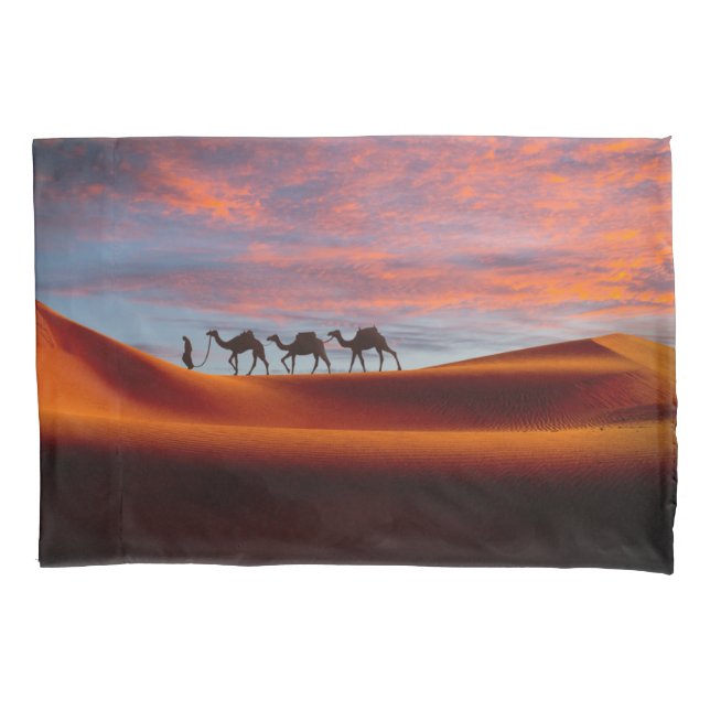 Deserts | Man & Camels in the Sand Dunes Pillowcase (Front)