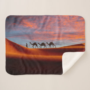 Deserts Man & Camels in the Sand Dunes Sherpa Blanket