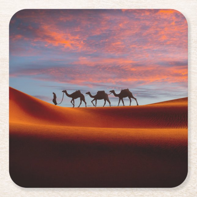 Deserts | Man & Camels in the Sand Dunes Square Paper Coaster (Front)