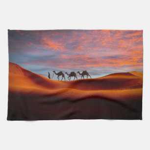 Deserts   Man & Camels in the Sand Dunes Tea Towel