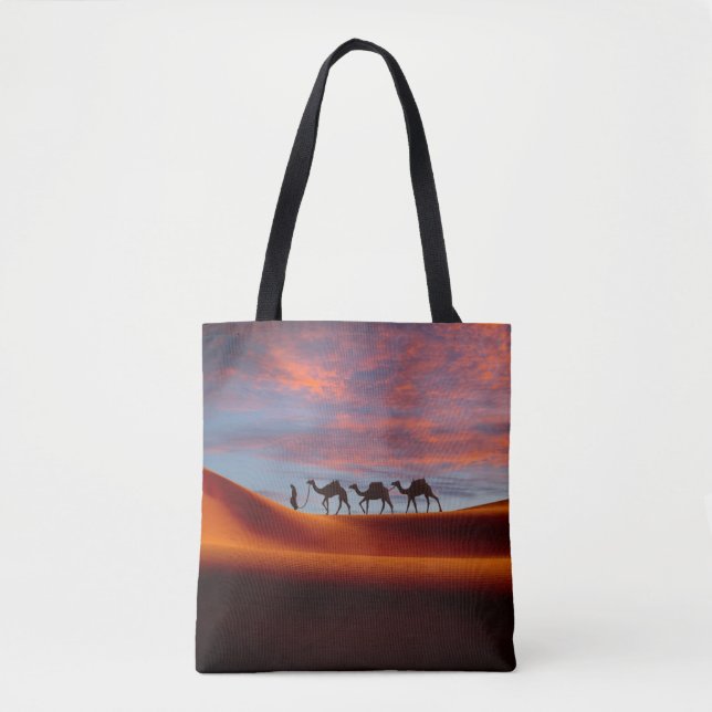 Deserts | Man & Camels in the Sand Dunes Tote Bag (Front)