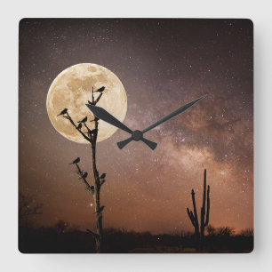 Deserts   Saguaro Cactus With Birds in Desert Square Wall Clock