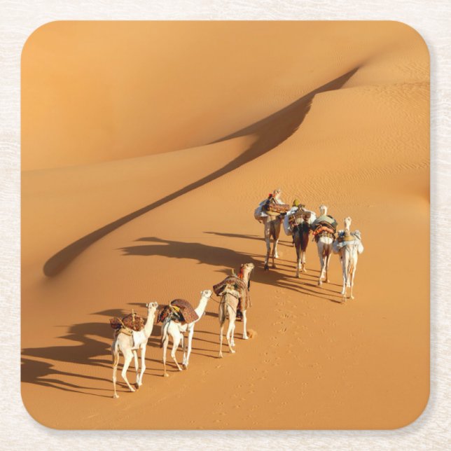Deserts | Tuareg Walk with Camels Square Paper Coaster (Front)