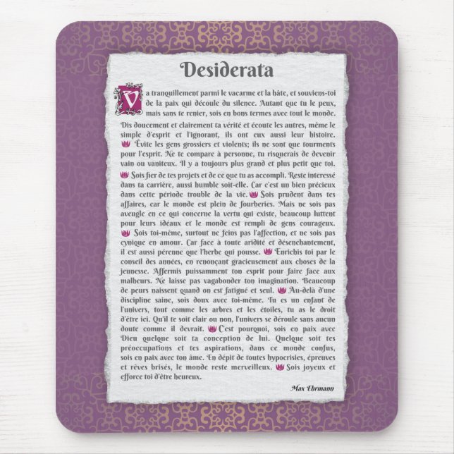 Desiderata - Choses désirées - poème Mouse Mat (Front)