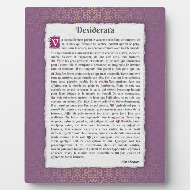 Desiderata - Choses désirées - poème  Plaque (Front)