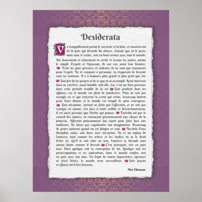 Desiderata - Choses désirées - poème Poster (Front)