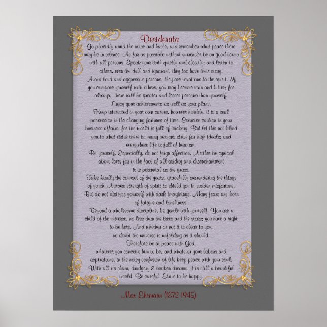 Desiderata "desired things", customisable colours poster (Front)
