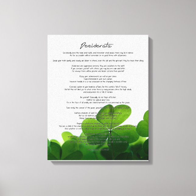 Desiderata "Desired Things" on Green Clovers Canvas Print (Front)
