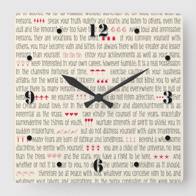 Desiderata Inspirational Poem Square Wall Clock (Front)