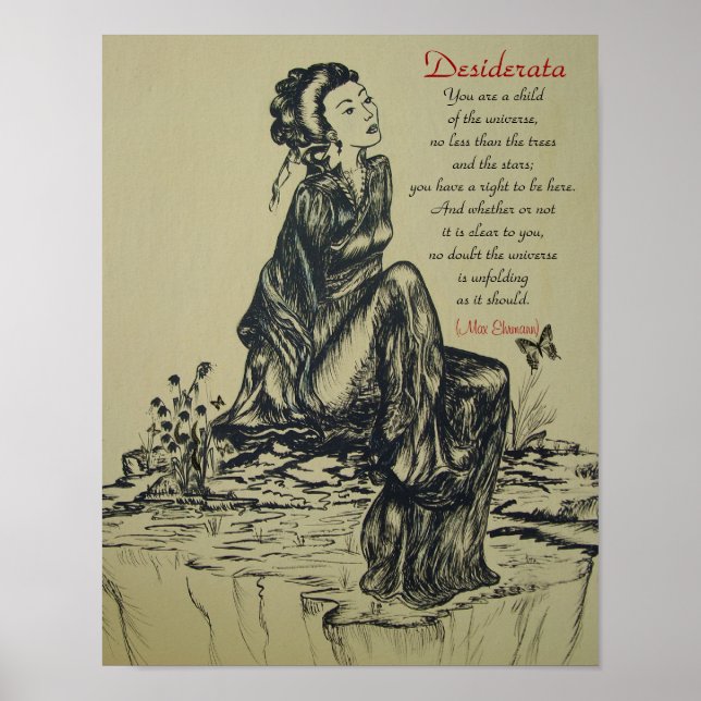 Desiderata on pen and ink drawing , Asian art Poster (Front)