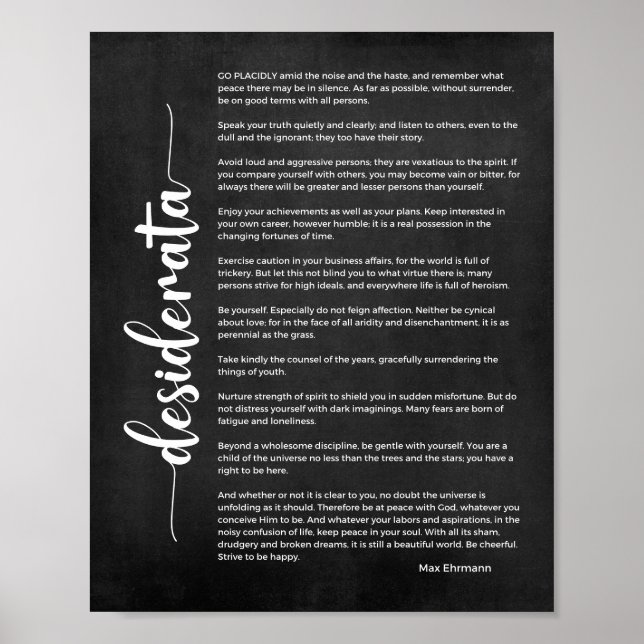 Desiderata Poem by Max Ehrmann Black and White Poster (Front)