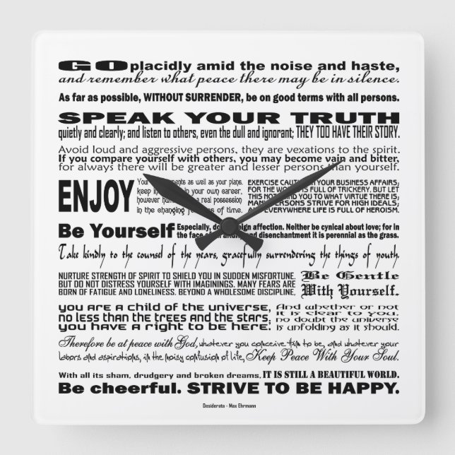 Desiderata Poem Poesy Verse Poetry Quote (White) Square Wall Clock (Front)