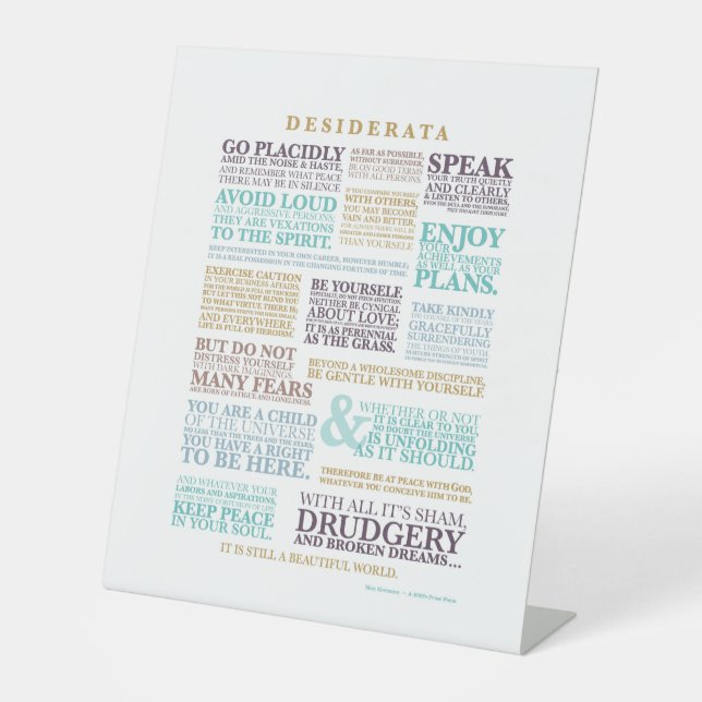 Desiderata Prose by Max Ehrmann Pedestal Sign (Front)