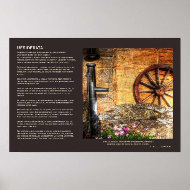 Desiderata - Rustic Pump, Well and Cartwheel scene Poster (Front)