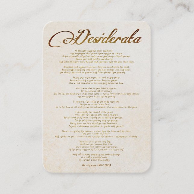Desiderata /Things Desired in Calligraphic Art Business Card (Front)