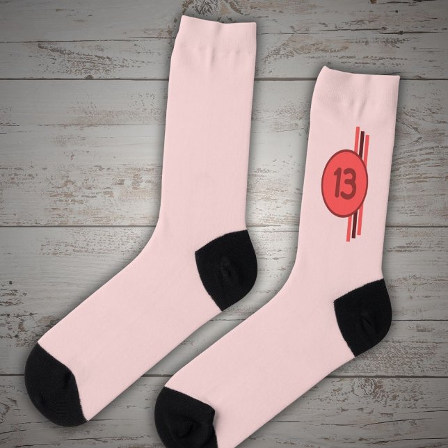 Design 13 in red on coral red with stripes socks (Creator Uploaded)