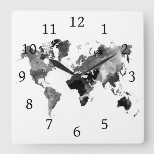 Design 42 World Map Greyscale Square Wall Clock