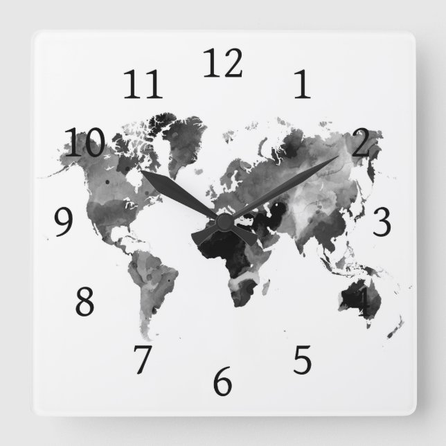 Design 42 World Map Greyscale Square Wall Clock (Front)