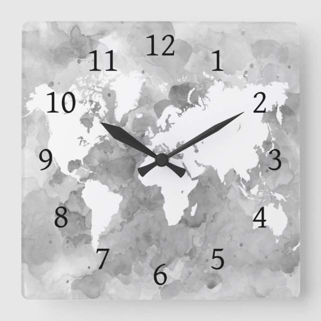 Design 49 World Map Grayscale Square Wall Clock (Front)