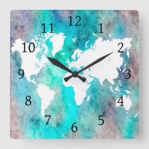 Design 62 world map aqua turquoise square wall clock